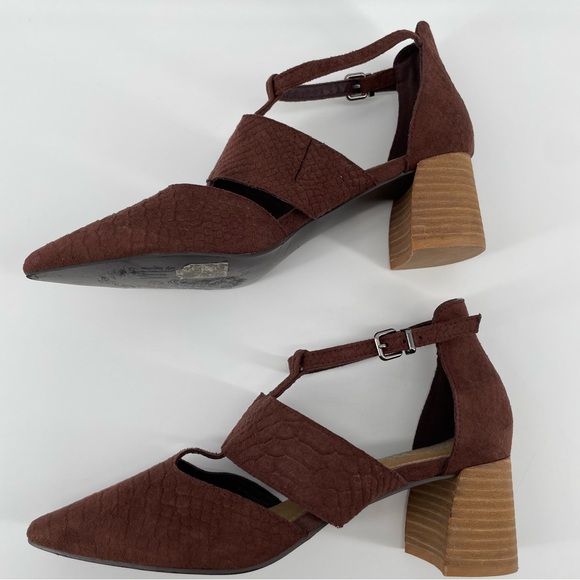 Mi.iM T-Strap Block Heels Brown Reptile Embossed Leather Pointed Toe 9 - Picture 4 of 8